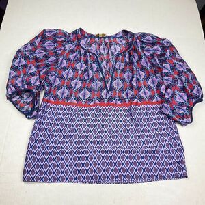 Collective Concepts Peasant Top Ikat Print V-Neck 3/4 Sleeve Blouse MEDIUM